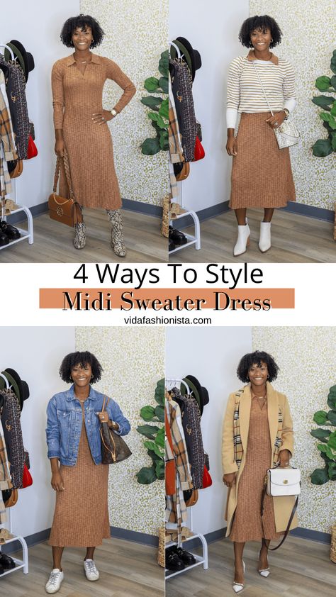 4 Ways To Style Midi Sweater Dress Outfit Options, Midi Sweater Dress, Inspirational Prayers, Sweater Dress Midi, Bag Dress, Style Tips, Coat Dress, Everyday Look, Jacket Dress