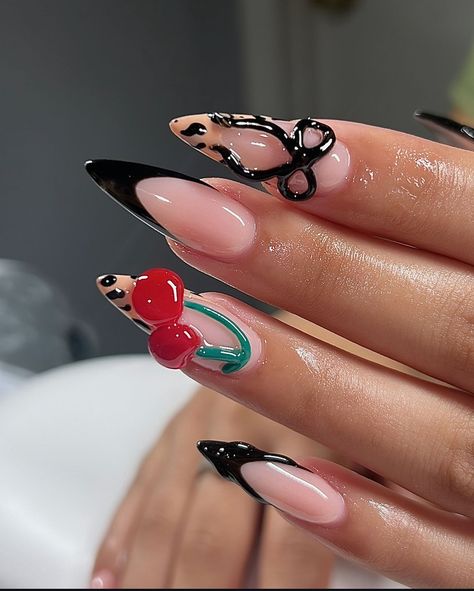 How To Show Nails In Photos, Nail Ideas Trending Now, Low French Tip Nails Y2k, Cherry Lepord Nails, Almond Nails Designs February, Almond Nails Designs Cheetah, Long Cherry Nails, Black Tropical Nails, Mlk Nails