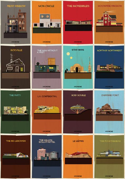 Movie poster series based on the iconic houses shown in each film (by Federico Babina) Movie Architecture, Interior Architecture Poster, The Archies Movie, House Poster, Simple Architecture Poster, Iconic Houses In Movies, Architecture 101 Movie, Sarah Sadeq Architects, Architect Student