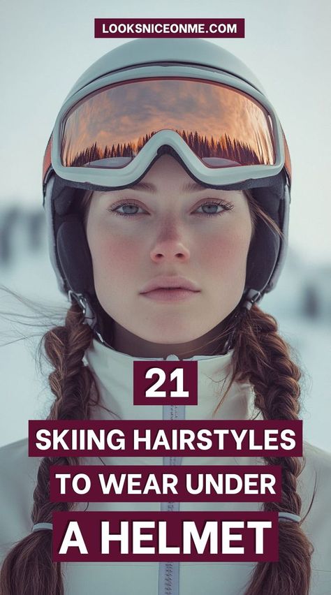 Discover the best 21 hairstyles for skiing that fit perfectly under your helmet! Whether you prefer a low bun, fishtail braid, or chic ponytail, these hairstyles are designed to keep you looking sharp and feeling comfortable throughout your ski day. Ideal for both performance and style! Braids To Wear Under Helmet, Short Hair Ski Hairstyles, Ski Day Spirit Week, Hair For Snowboarding, Under Helmet Hairstyles, Cute Skiing Hairstyles With Helmet, Ski Braids Hair, Hair For Skiing, Ski Helmet Hairstyles