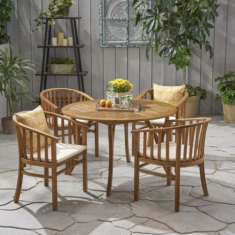 Highland Dunes Reichert Outdoor 5 Piece Dining Set with Cushions | Wayfair Outdoor Dining Spaces, Circular Table, 4 Dining Chairs, Wood Patio, 5 Piece Dining Set, Table Extensible, Minimalistic Style, Teak Frame, Square Table