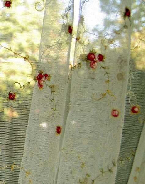 ..... Curtains Embroidery, Dainty Curtains, Curtain Embroidery, Embroidery Curtains, Pretty Curtains, Fairycore Curtains, French Country Roses Sheer Shower Curtain, White Lace Curtains Aesthetic, Yellow Kitchen Cabinets