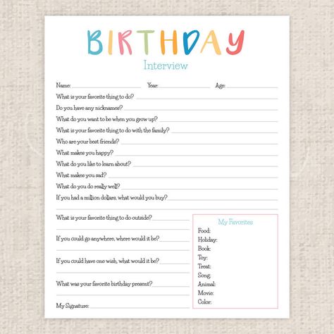 Birthday Interview Questions, Birthday Interview Printable, Birthday Quiz, Birthday Interview, Neutral Birthday, Beat Friends, Favorite Questions, Birthday Traditions, Birthday Activities