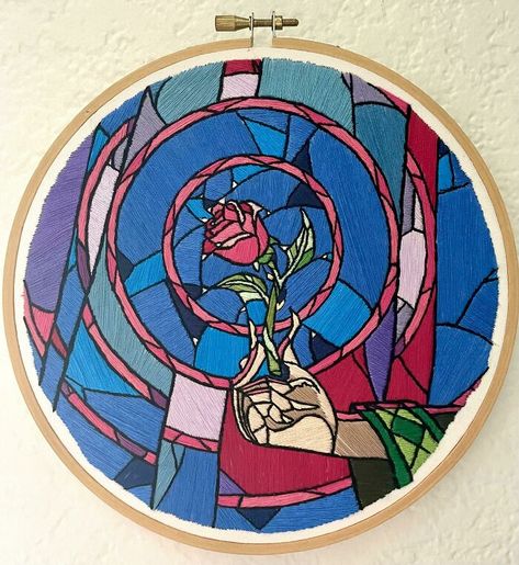 Stained Glass Beauty And The Beast, Beauty And The Beast Stained Glass, Beauty And The Beast Stained Glass Art, Stained Glass Cross Stitch Patterns, Stained Glass Embroidery, Stained Glass Cross Stitch, Appa Embroidery, Glass Embroidery, Embroidery Lessons