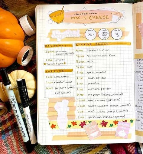 22 Bullet Journal Page Ideas For Thanksgiving - Our Mindful Life Cookbook Journal Ideas, Cooking Journal Ideas, Homemade Cookbook Ideas, Bujo Recipes, Food Recipes Journal, Recipe Notebook Ideas, Cute Recipe Book Ideas, Diy Cookbook Ideas, Recipe Page Design