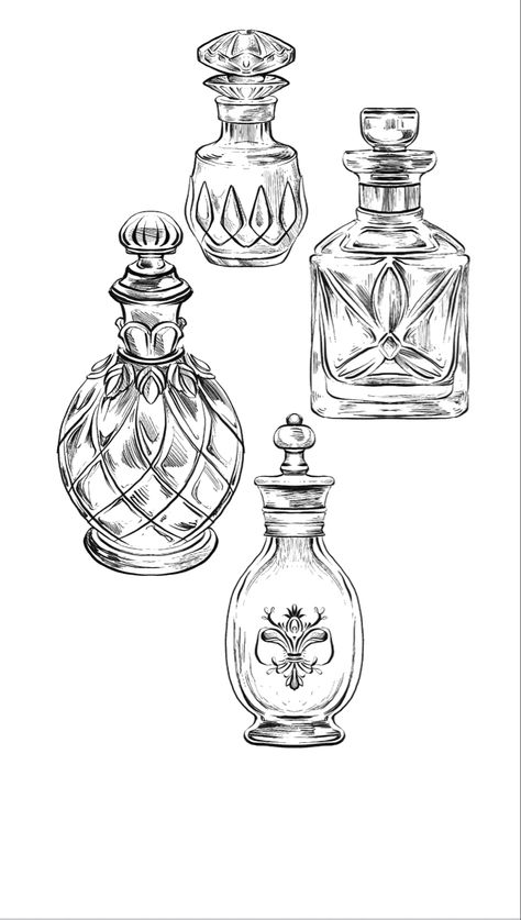 Black and white vintage bottles of perfume flash tattoo drawing perfume bottle vintage Perfume Glass Bottle Design, Specimen Jar Drawing, Vintage Perfume Illustration, Victorian Perfume Bottle Tattoo, Perfume Line Art, Vintage Perfume Bottle Illustration, Antique Bottle Tattoo, Vintage Bottle Tattoo, Aqua Tofana Bottle Tattoo