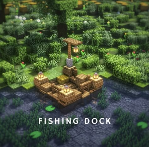 Minecraft Dock Aesthetic, Minecraft Fishing Pond, Fishing Spot Minecraft, Minecraft Dock Design Aesthetic, Cute Minecraft Dock, Minecraft Pier Ideas, Campsite Minecraft, Minecraft Dock Ideas, Minecraft Dock Design