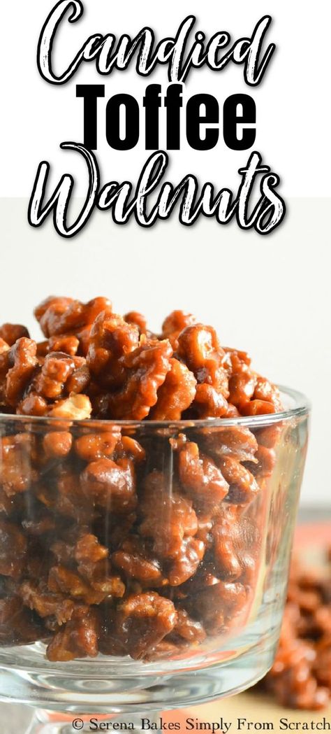 A glass jar full of Candied Toffee Walnuts. White text with black outline at the top Candied, black text Toffee, and white text with black outline Walnuts. Chocolate Walnuts Candy, Toffee Nuts Recipe, Candied Nuts Gift, Toffee Almonds Recipe, Toffee Walnuts Recipe, Walnut Candy Recipes, Candied Cashews Recipes, Fall Candy Recipes, Candied Walnuts Easy