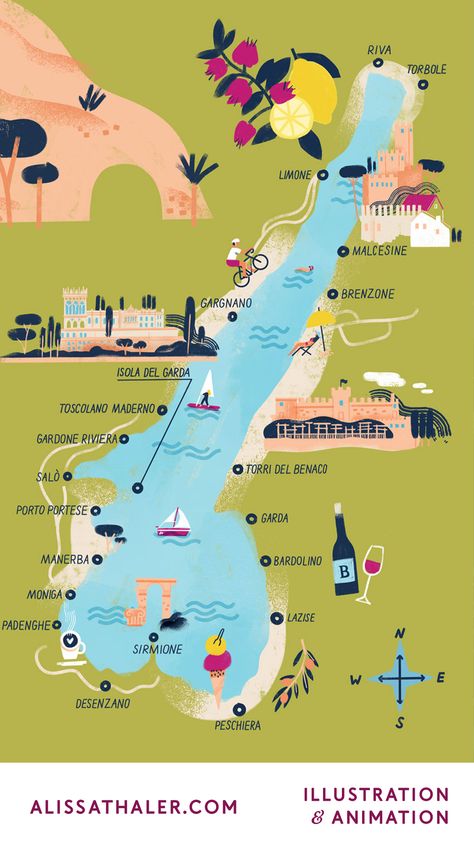 A map of Italy's lake Garda with various food, drinks and sight shown as illustrated highlights Lake Como Italy Map, Sirmione Italy Lake Garda, Lake Como Map, Lake Como Illustration, Lake Garda Aesthetic, Italy Map Illustration, Travel Map Illustration, Sirmione Lake Garda, Sirmione Italy