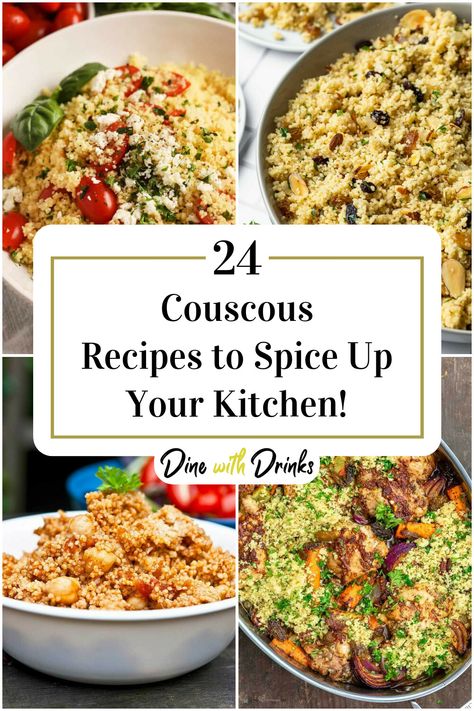 Collage of 4 couscous recipes. What Goes With Couscous, Flavored Couscous Recipes, Delicious Couscous Recipes, Steak And Couscous Recipes, Sausage And Couscous Recipes, Italian Couscous Recipes, Leftover Couscous Recipes, Mediterranean Couscous Recipes, Couscous Dinner Recipes