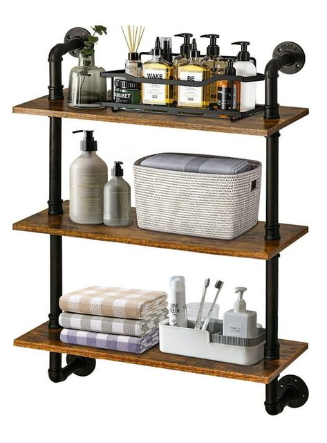 Plumbers Pipe Shelving, Wall Bookcase, Wood Wall Shelves, Pipe Shelving, Rustic Wall Shelves, Bedroom Rustic, Shelves For Wall, Industrial Pipe Shelves, Kitchen Plants