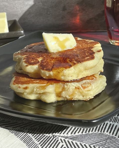 a photo of two thick griddle cakes with a pat of butter on top, on a square black plate. Old Fashioned Pancakes, Scotch Pancakes, Griddle Cakes, Small Microwave, Cheese Bites, Sugary Food, Pancakes And Waffles, Peanut Free, Pancake Recipe