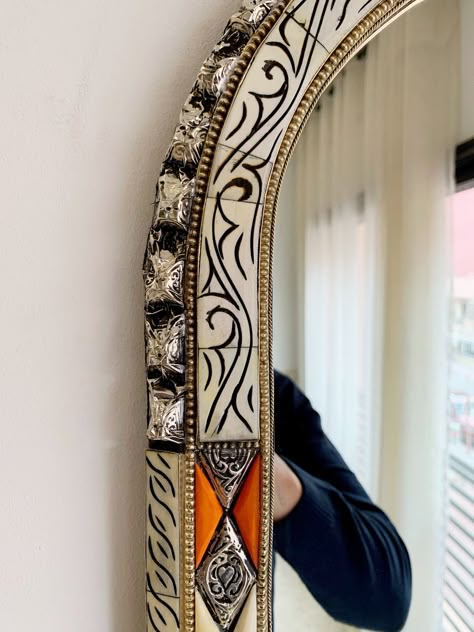 Vintage Moroccan Mirror - Handmade Arch Bone Inlay Wall Mirror – Palmeraies Moroccan Henna, Bone Inlay Mirror, Moroccan Mirror, Arch Mirror, Bone Inlay, Natural Dye, Dream House Decor, Mirror Wall Decor, Vintage Moroccan