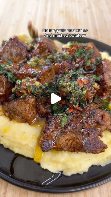 Steak Bites And Mashed Potatoes, Buttery Steak Bites, Butter Garlic Steak Bites, Buttery Steak, Garlic Steak Bites, Garlic Parmesan Mashed Potatoes, Steak And Mashed Potatoes, Parmesan Mashed Potatoes, Garlic Steak