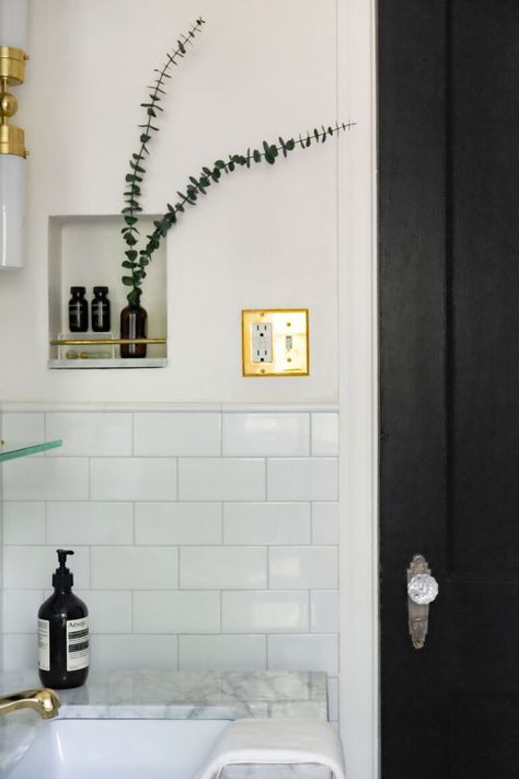 Malcolm's Bathroom Reveal - The Power Of Pivoting, Intentional Design, And A DIY That Will Have You Digging Into Your Walls - Emily Henderson Tile Wainscoting, Diy Nook, Beige Floor Tile, Small Bathroom Tile Ideas, Black Mosaic Tile, Black Wainscoting, Intentional Design, Small Bathroom Tiles, Black Floor Tiles