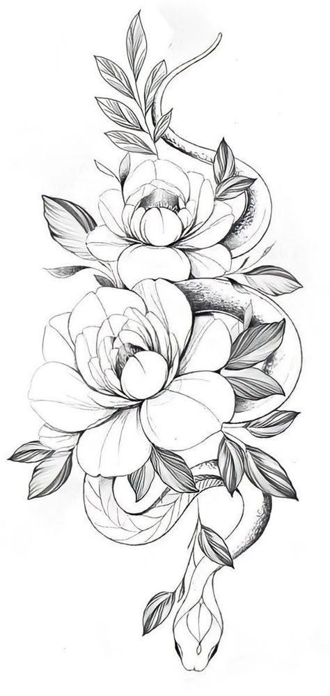 Snake And Flower Tattoo Design Simple, Snake In The Grass Tattoo, Desenho Cobra Tattoo, Medusa Flower Tattoo, Snake And Flowers Tattoo Design, Snake Tattoo With Flowers, Snake Peony Tattoo, Snake Tattoo Feminine, Big Flower Tattoos