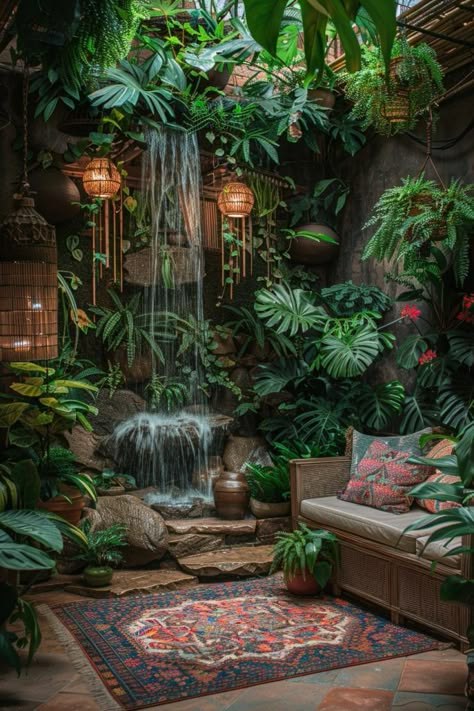 Boho Meditation Room, Plant Interiors, Jungle Room Ideas, Boho Sunroom, Little House Ideas, Jungle Home, Nature Living, Boho Patio, Boho Space