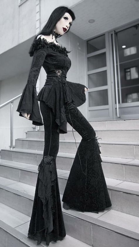 Gothic Layering Outfits, Gothic Fashion Winter, Victorian Goth Outfits Women, Gothic Romance Fashion, Goth Flare Pants Outfit, Rarity Outfit Ideas, Goth Fantasy Outfit, Fem Goth Outfits, Goth Semi Formal