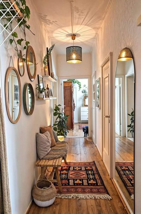 Boho Chic Hallway, Cosy Hallway Ideas, Boho Appartement, Small Hallways Ideas, Narrow Entrance Hall Ideas, Cute Hallway, Apartment Hallway Decor, Entry Way Hallway, Corridor Ideas