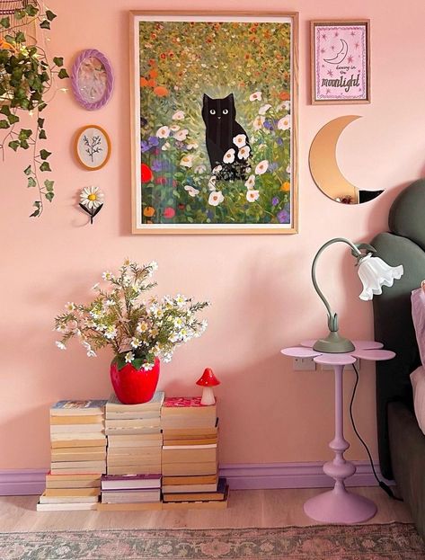 Cutesy. Fairyesque. Eclectic. Yes, please. #Fairy #Decor #Modern #Eclectic #Style #Accents Wall Painting Inspo Aesthetic, Fancy Nancy Bedroom Ideas, Floral Home Decor Ideas, Colorful Office Aesthetic, Pink Art Room, Easy Bedroom Diy, Funky House Aesthetic, Pink Art Studio, Cozy Eclectic Apartment