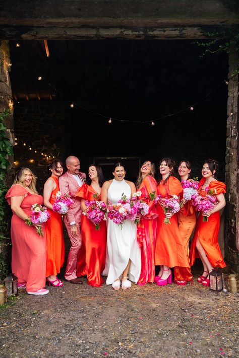 Bright vibrant orange bridesmaid dresses and suit for the bridal party wearing hot pink shoes Blue Bridesmaid Dresses Short, Orange Bridesmaid, Indian Bridesmaid Dresses, Orange Bridesmaid Dresses, Frozen Margaritas, Pinterest Photography, Bohemian Festival, Pink Bridesmaid Dresses, Rock My Wedding