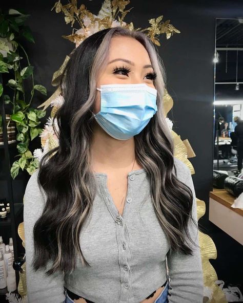 Silver Highlights On Black Hair, Red Highlights On Dark Hair, Black Hair With Grey Highlights, Hair Quick Weave, Black Lowlights, Highlights On Dark Hair, Highlights On Black Hair, Silver Hair Highlights, Black Hair Balayage