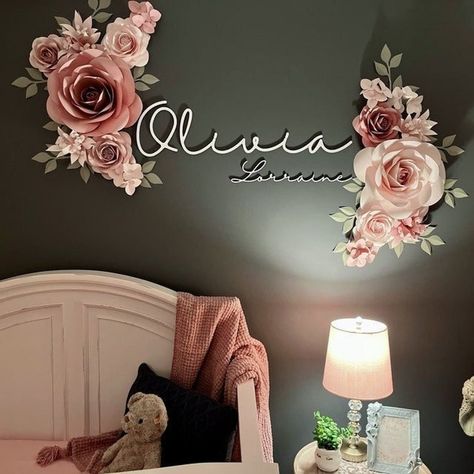 Paper Flowers Wall Decor, Wall Decor Paper, Paper Flowers Wall, Kindergarten Wallpaper, Rose Nursery, Flowers Wall Decor, Name Wall Decor, Baby Room Themes