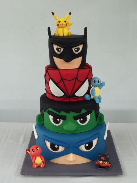 Sperheroes and pokemon cake! You can have it al!! @marvel @DC @pokemon Batman And Hulk Cake, Avengers Themed Cakes, Marvel Birthday Cake, Hulk Birthday Cakes, Hulk Cake, Spiderman Birthday Cake, Marvel Birthday Party, Hulk Birthday, Marvel Cake