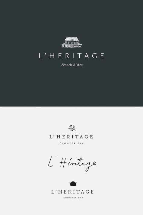 Logo design concepts hand drawn for L'heritage restaurant in Sydney designed by Forest Yard studio Heritage Logo Design, Luxury Restaurant Logo Design, Bistro Branding, Pub Branding, Bistro Logo, Heritage Logo, Luxury Restaurant Branding, Fancy Restaurant Branding, French Restaurant Logo