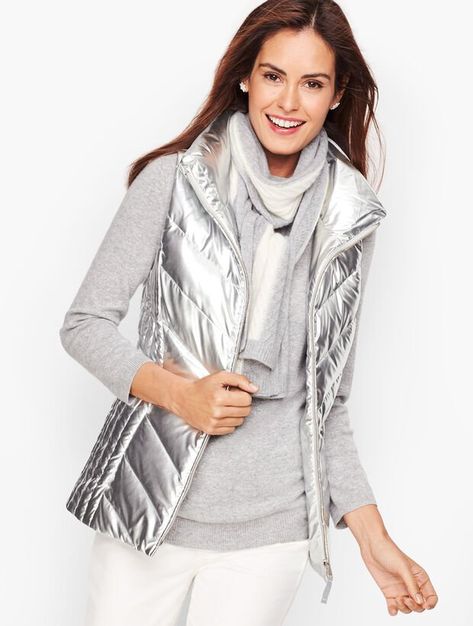 Down Puffer Vest - Metallic Back To School University, Vest Outfit Women, Silver Vest, Fall Fashion Colors, Puffer Vest Outfit, University Dorm, College School Supplies, Fall Fashion Trends Women, Womens Puffer Vest