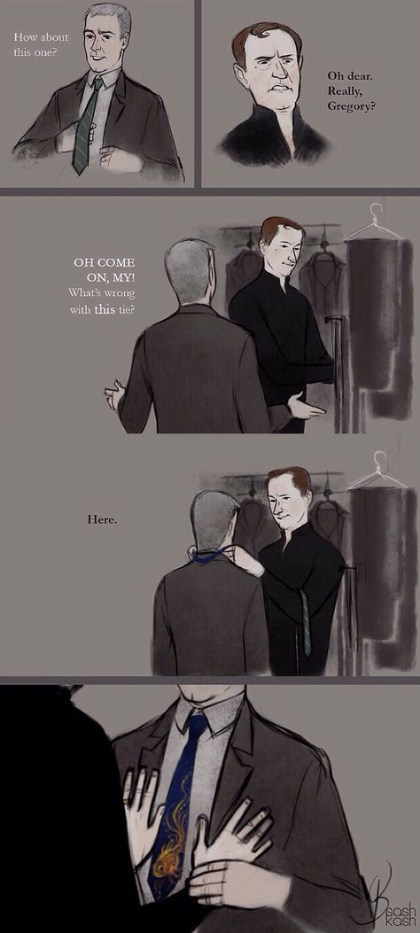 A goldfish tie for his little goldfish. Mystrade Fanart, Mystrade Comic, Mycroft And Sherlock Fanart, Johnlock Fanart Fluff, Sherlock And Mycroft, Johnlock Fanart Cute Fluff, Johnlock Fanart, Mycroft Holmes, Sherlock Holmes 3