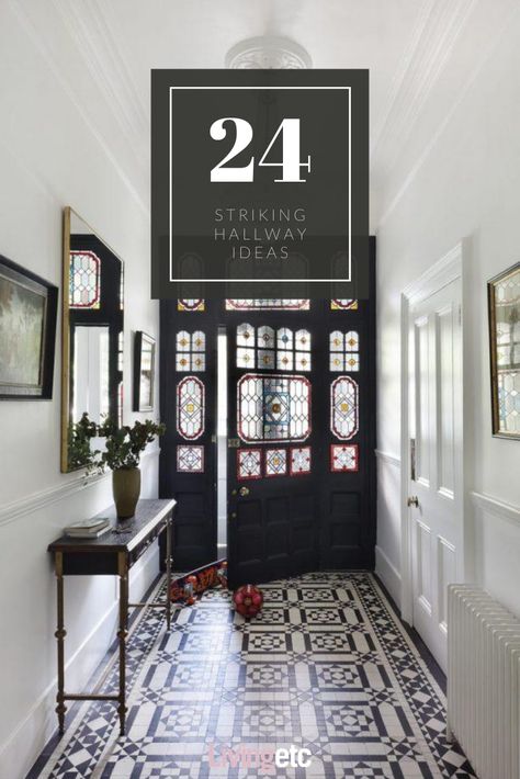 On the hunt for the perfect hallway floor? We’ve sifted through our Livingetc archives to pull out some of our favourite hallway floor ideas. From traditional encaustic and zellige tiles to funky off-the-wall ideas such as painted floors and vinyl tiles to oversized geometric tiles and brass studded marble ones. Go on, make an entrance...

#hallwayfloors #hallwaydesign #flooring #homedecorideas Modern Hallway Tiles, Black And White Hall Floor Tiles, Minton Floor Hallway, Communal Hallway Ideas, Hallway Tiles Floor Entryway Modern, Minton Tiles Hallway, Front Hall Tiles Entryway, Entrance Hall Tiles Flooring Ideas, Funky Hallway Ideas