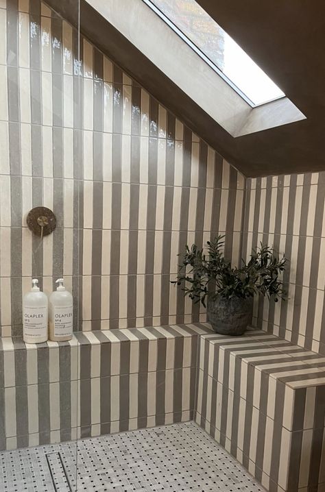 Contemporary Santa Barbara Style, Marble Shower Surround, Stripe Bathroom Tile, Striped Tile Bathroom, Tile Half Way Up Bathroom Wall, Stripe Tile Bathroom, Parisian Bathroom French Style, Tile Behind Vanity, Cool House Features