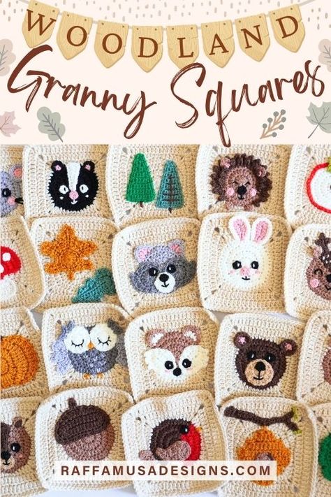 Crochet Woodland Granny Squares • RaffamusaDesigns Crochet Nursery Animals, Woodland Granny Square Crochet, Woodland Creatures Crochet Blanket, Woodland Baby Crochet Blanket, Animal Crochet Squares, Forest Baby Blanket Crochet, Crochet Woodland Blanket, Crochet Granny Square Animals, Crochet Along 2024