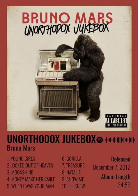 Bruno Mars Album, Unorthodox Jukebox, Mars Poster, Locked Out Of Heaven, Music Poster Ideas, Spotify Code, Music Poster Design, Cover Wallpaper, Make Her Smile