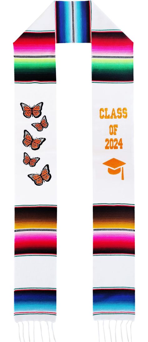 PRICES MAY VARY. THE MEXICAN SCARF FOR GRADUATION has “CLASS OF 2024” embroidered into one side and butterflies embroidered on the other side. THESE AUTHENTIC MEXICAN GRADUATION SASHES are approximately 80 inches x 5 inches THE SERAPE BLANKET STOLES ARE MADE IN MEXICO USING TRADITIONAL METHODS. 40% Cotton and 60% Polyester thick woven thread. PERFECT ADDITION TO ANY GRADUATION OUTFIT to show your Latin Ethnicity, Roots and Pride! Ideal for the 2024 graduate These Butterfly Mexican Stoles for Gra Serape Blanket, Graduation Sash, Branded Scarves, Graduation Stole, Gift Coupons, Grad Cap, Graduation Outfit, Kids Luggage, Top Styles