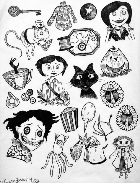 Coraline Tattoo, Tim Burton Tattoo, Coraline Art, 16 Tattoo, Flash Tattoo Designs, Inspiration Tattoos, Tattoo Flash Sheet, Spooky Tattoos, Halloween Tattoo