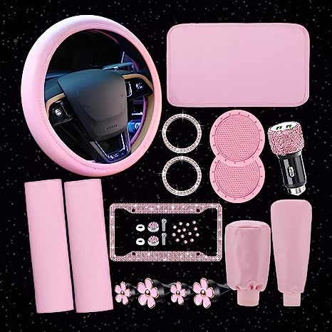 15 piece car accessories set color pink Pink Car Essentials, Car Decorations Interior Pink, Decorate Car Interior, Barbie Moodboard, Car Accessories For Girls Interior, Pink Car Interior, Pink Car Seat Covers, Pink Steering Wheel Cover, Ring Sticker