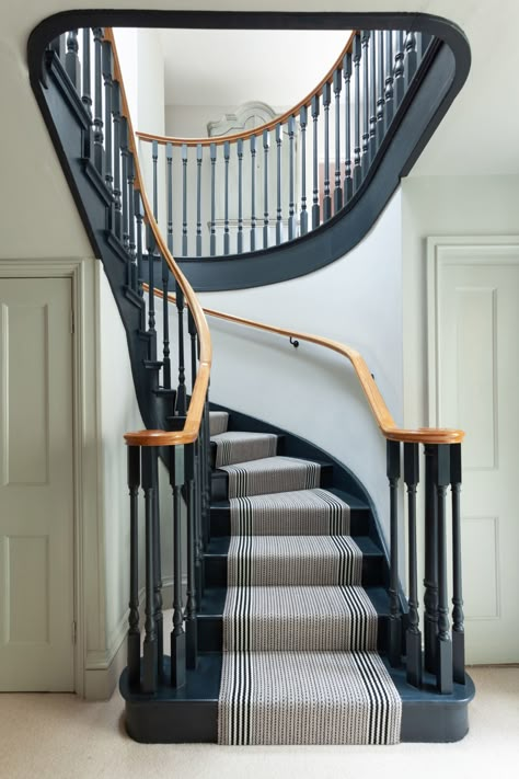 Railings Stairs Farrow And Ball, All Black Staircase With Runner, Farrow And Ball Stairs Hallways, Farrow And Ball Off Black Staircase, Farrow And Ball Railings Hallway, Blue Stair Railing, Blue Painted Staircase, Farrow And Ball Staircases, Farrow And Ball Railings Staircase