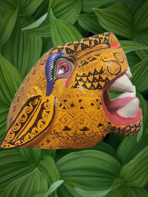 Oaxacan Wood Carving Jaguar Head Mask Wild Cat Alebrije Mexican Folk Art Rare | eBay Cat Alebrije, Jaguar Head, Mexican Mask, Mayan Art, Head Mask, Deer Art, Art Installation, Sugar Skulls, Mexican Art