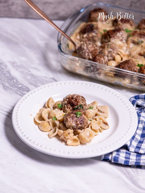 Swedish Meatball Pasta Bake - Much Butter Swedish Meatball Pasta Bake, Swedish Meatball Pasta, Ikea Swedish Meatballs, Meatball Pasta Bake, Meatball Pasta, Meatball Bake, How To Cook Meatballs, Swedish Meatballs, Delicious Pasta