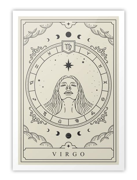 High quality illustrated Virgo zodiac poster. The perfect celestial gift for all your Virgo friends. Check out our website for more spiritual, unique and affordable wall art to suit any home! Celestial Poster, Zodiac Leo Art, Leo Tarot, Tarot Horoscope, Zodiac Poster, Illustrated Poster, Zodiac Cards, Astrology Art, Vintage Newspaper