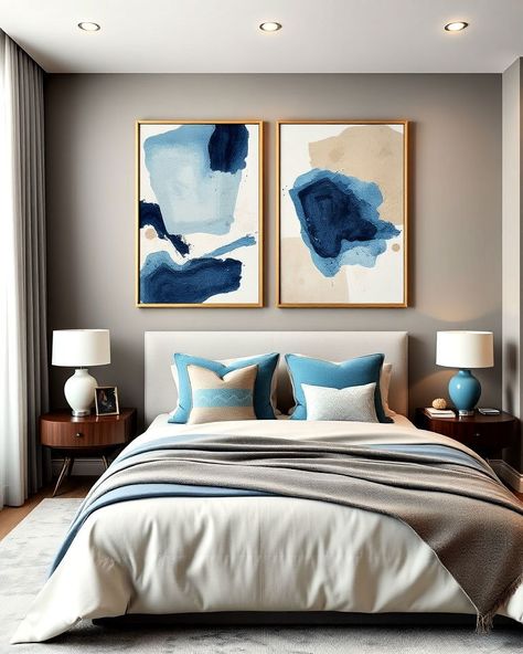 20 Blue and Beige Bedroom Ideas for A Cozy Retreat Neutral Bedroom With Blue Accents, Blue And Beige Bedroom Ideas, Blue Primary Bedroom, Blue And Beige Bedroom, Royal Blue Curtains, Beige Upholstered Bed, Beige Bedroom Ideas, Beige Headboard, Blue Headboard