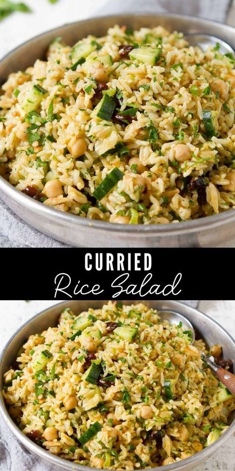 Curried rice salad in a silver bowl, on a gray napkin. Healthy Grain Salads, Cold Curry Rice Salad, Leftover Rice Salad Recipes, Cold Rice Dishes, Cold Rice Salad Recipes Side Dishes, Jasmine Rice Salad Recipes Cold, Basmati Rice Salad Recipes, Rice Salad Recipes Cold Healthy, Italian Rice Salad Recipes Cold