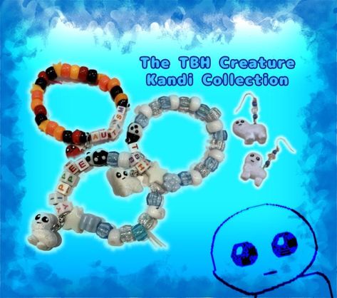 ✩  FASHIONABLE JEWELRY FOR SILLY GUYS EVERYWHERE! ✩  The TBH Creature Kandi Collection is designed to fit all of your stylish needs. With many different customizable bead and letter options, each creation is sure to reflect your personal taste! ● Each bracelet dons a blue and white color palette. The "Evil" variation dons a red, black, and orange color palette. ● Every bracelet's pattern is randomized.  ● Each charm is made with polymer clay, and varnished with clear nail polish. ● We are not re Kandi Accessories, Kandi Collection, Kandi Charms, Tbh Creature, Orange Color Palette, Diy Kandi Bracelets, Diy Kandi, Bff Bracelets, Orange Color Palettes