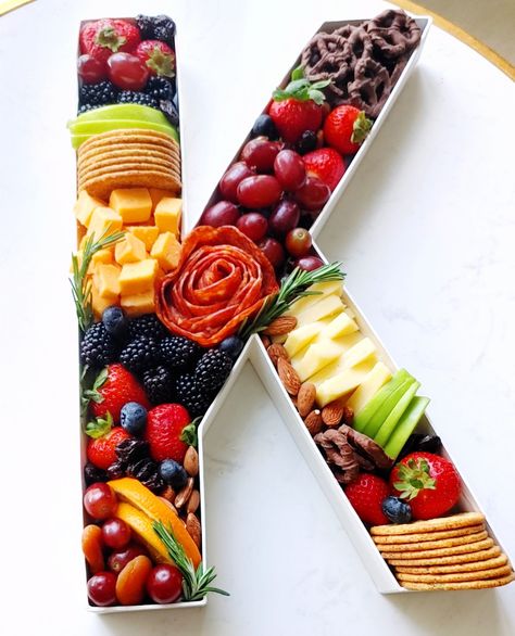 Food Tray Diy, Fruit Platter Ideas Party, Fruit Letters, Gourmet Cookie, Charcuterie Gifts, Party Food Buffet, Letter Tray, Charcuterie Inspiration, Party Food Platters