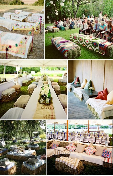 Straw Bales Wedding, Wedding Outdoor Seating, Bay Seating, Hay Bail, Outdoor Seating Ideas, Hay Bale Wedding, Hay Bale Seating, Event Seating, Vintage Country Weddings