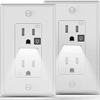 SOZULAMP Decorator Receptacle Outlet with Night Light,Tamper Resistant Electrical Wall Outlets,Residential Grade, 3-Wire, Self-Grounding, 2-Pole,15A 125V, Wall Plates Included,Glossy White(2 Pack) - - Amazon.com Outlets With Night Light, Wall Outlet, Wall Plates, Wall Outlets, Grade 3, Glossy White, Light Switch, Plates On Wall, Night Light