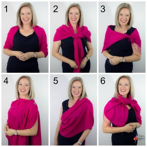 how to wear and tie a pashmina shawl for a more formal occasion Pashmina Shawl With Dress, How To Make A Cape From A Scarf, Shawl Tied Behind Back, Tying Shawls, Shawl Ideas For Dress, Wrap Scarf How To Wear A, Shawl On Dress, Wearing Shawls Ways To, How To Wrap A Pashmina Shawl