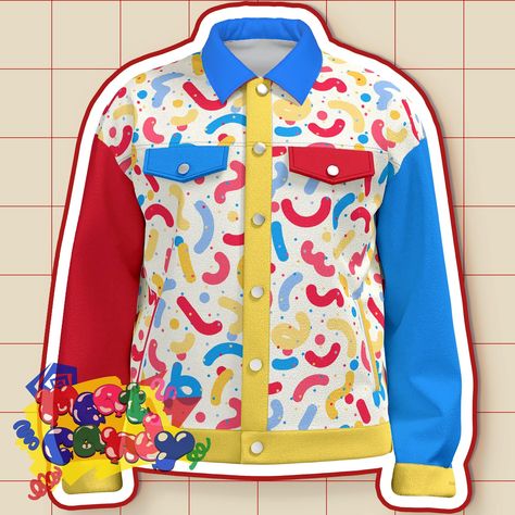 Clowncore Primary Colors Confetti Cotton Canvas Jacket - Colorful Bright Memphis Pattern Stripes Casual Plus Size Kidcore Aesthetic Clothes Super cute clowncore style primary color confetti cotton canvas jacket - a white casual stand up collar jacket featuring an all over pattern of red, blue, and yellow confetti and small polka dots across the front and back of the torso. The right sleeve is solid red, and the left sleeve and collar are solid blue, with yellow trim on the cuffs and placket. Two decorative breast pockets (non-functional, sorry the right with a blue pocket flap and the left with a red one. The front closure, pockets, and sleeves are decorated with silver buttons. Perfect for fans of clowncore, kidcore, Memphis style design, and bright bold patterns in general! Size chart in In Control Clothing, Pride Outfits Aesthetic, Kidcore Aesthetic Clothes, Plus Size Kidcore, Clowncore Aesthetic Outfits, Kidcore Jacket, Clown Core Outfit, Clown Clothing, Clowncore Clothes